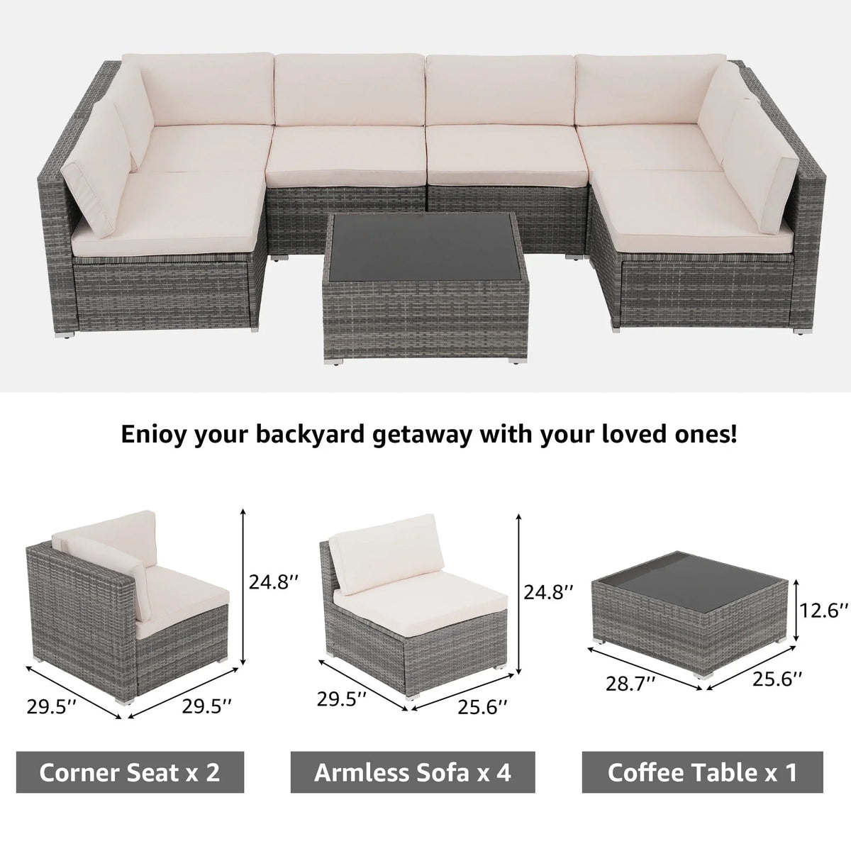 7-delige outdoor loungeset van vlechtwerk en staal met kussens