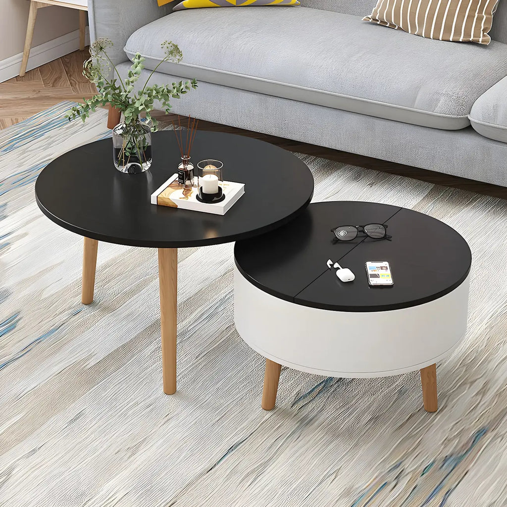 Moderne ronde houten salontafel in zwart en wit met opbergruimte