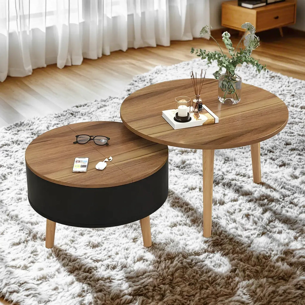 Moderne ronde houten salontafel in zwart en wit met opbergruimte