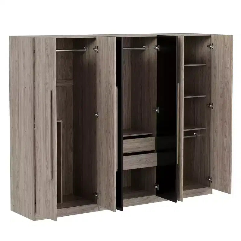 Armoire-penderie 83W à 6 portes, meuble de rangement pour vêtements avec 2 tiroirs, tringles et étagères de rangement, noir et naturel – ModernLuxe