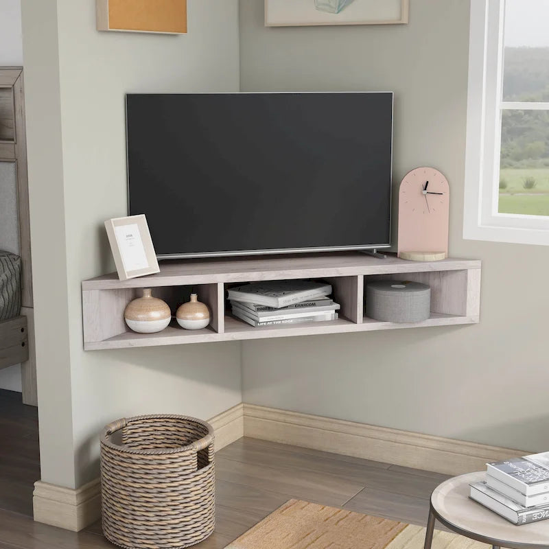 Meuble TV d’angle suspendu 47, 3 étagères, style transitionnel, fixation murale peu encombrante
