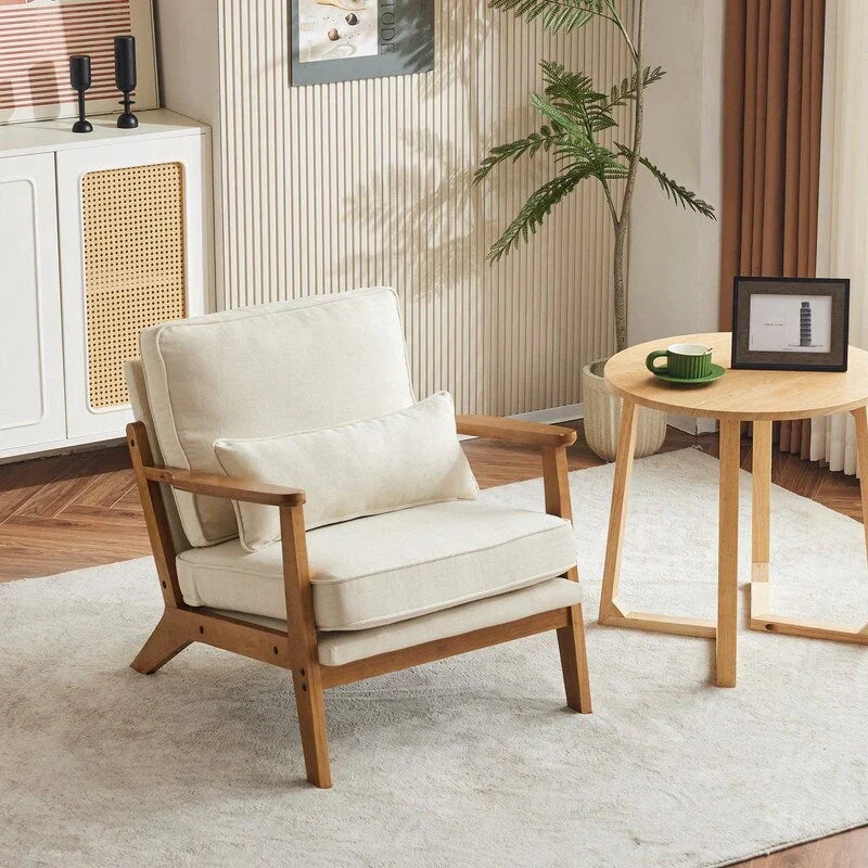 Fauteuil d'appoint rembourré en mélange de lin avec pieds en bois et un coussin, beige