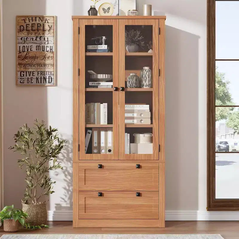 Armoire de rangement de cuisine style champêtre avec portes vitrées, meuble de rangement de 72 pouces avec tiroirs et étagères réglables pour la salle à manger, la salle de bains ou le salon