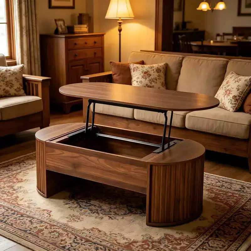 47,2-Zoll-Couchtisch mit Liftfunktion und verborgenem Fach, oval, braun